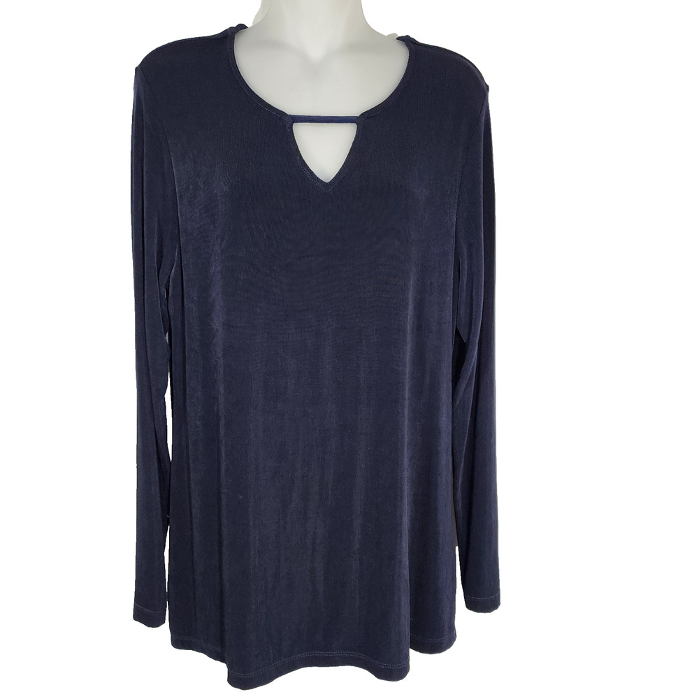 Coldwater Creek Travel Slinky Top Medium V Neck Keyhole Blue Knit Long Sleeve